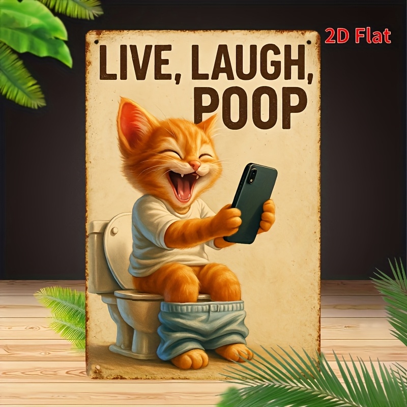 Home Bathroom Wall Decor - Металлическая настенная вывеска с забавным котом